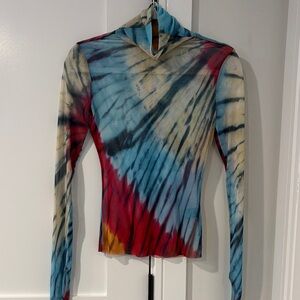 AFRM Women’s Red and Blue Tie-Dye Semi Sheer Long Sleeve Top Blouse Size XS